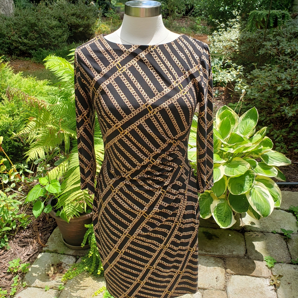 Anne Klein Black and Gold Chain Pattern Dress